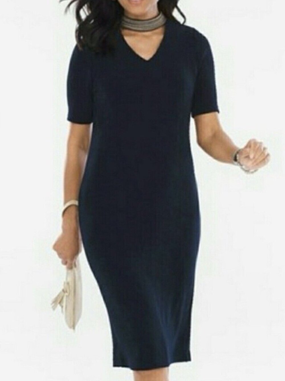 Chico’s Travelers Neck-Band Choker Dress Womens 2/Large Navy Blue Midi Slinky - Picture 2 of 13